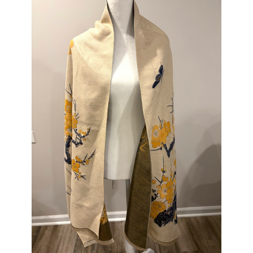 Reversible Floral Cherry Blossom Shawl Scarf Wrap Cream Olive Green‎ Pashmina